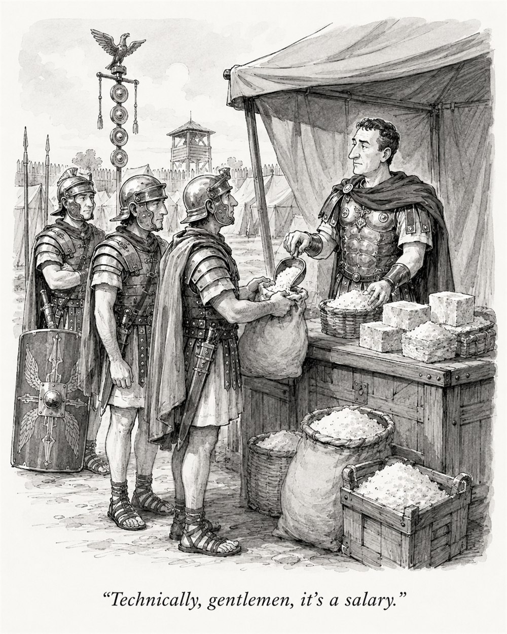 A New Yorker&ndash;style cartoon: Roman legionaries queue at a camp stall as an officer pours salt into a soldier&rsquo;s sack. Caption: &ldquo;Technically, gentlemen, it&rsquo;s a salary.&rdquo;